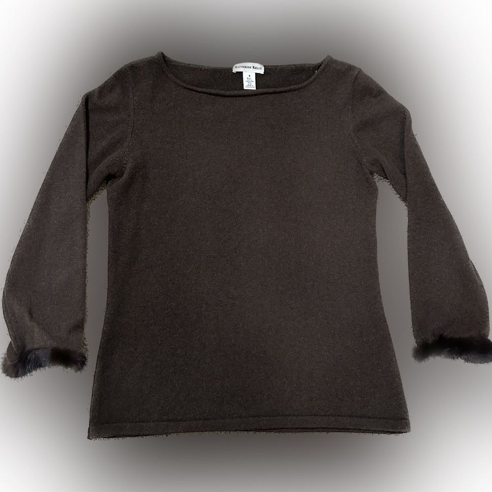 Elegant Brown Cashmere Sweater with Mink cuffs